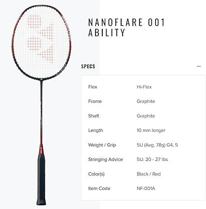 61w8vXYXVAL._AC_SX425_.jpg YONEX Nanoflare 001 Ability Badminton Racquet (Strung) Graphite Frame HiFlex Slim Shaft Racket BlackRed